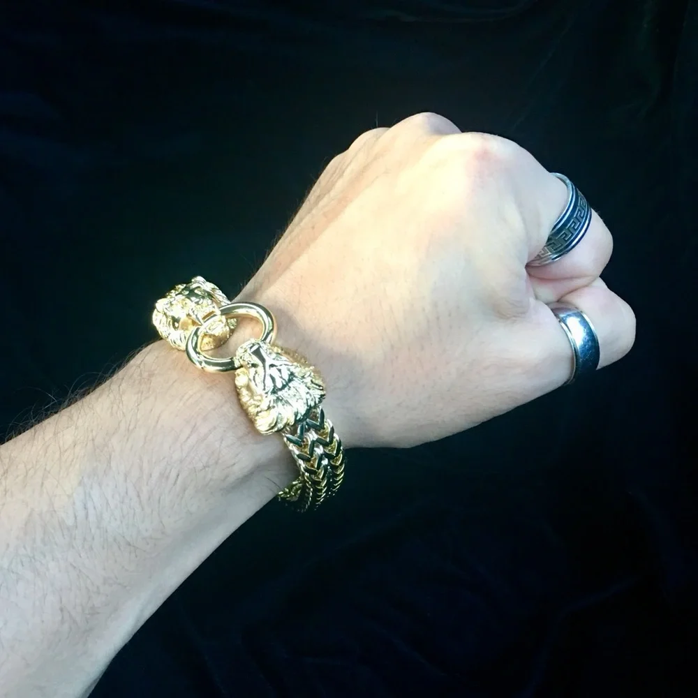 NEW LION DOUBLE FRANCO BRACELET 18K GOLD MADE IN ITALY *LIFETIME WARRANTY*